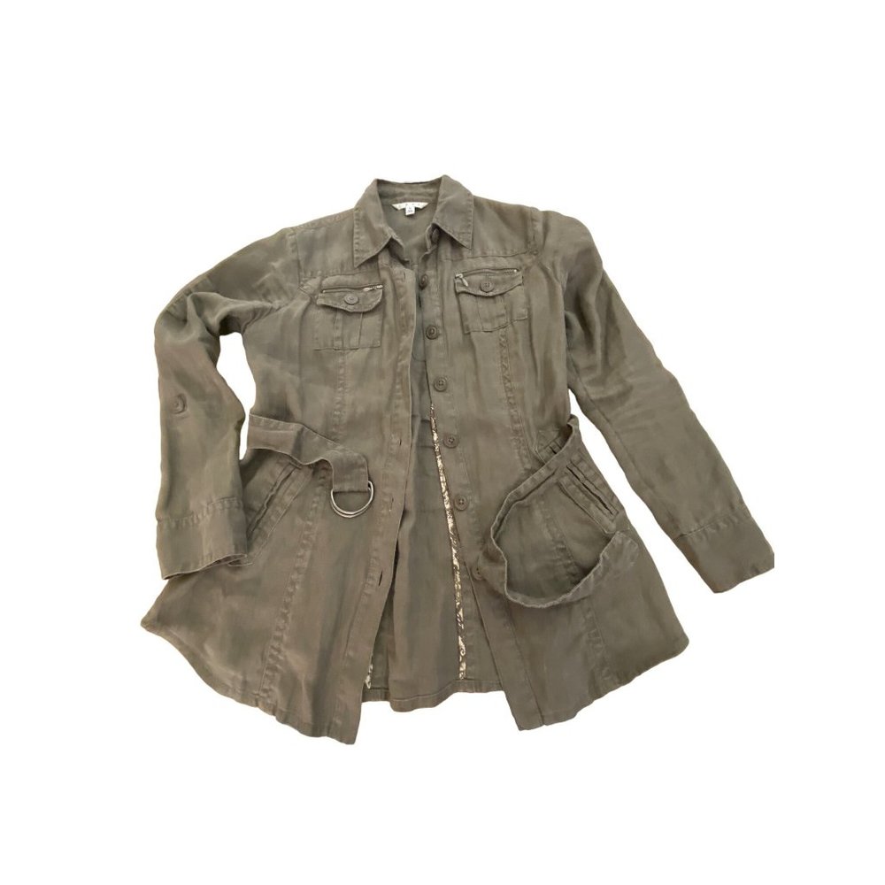 CAbi Utility Sahara Jacket 100% Linen Khaki Brown #856 Size M Button Front Belt - Picture 12 of 16
